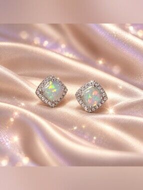 925 Sterling Silver Fire Opal Halo Stud Earrings